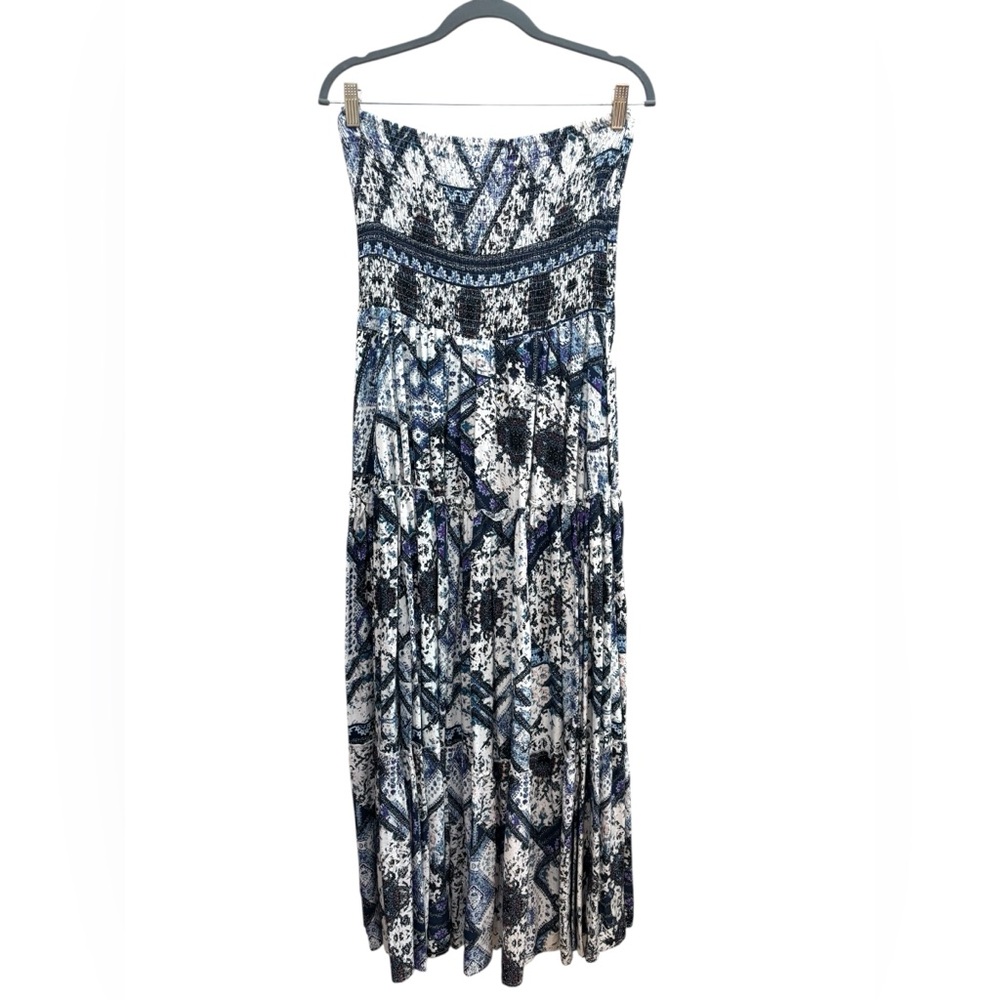 Jaase Bohemian boho western blue white print smocked maxi summer dress